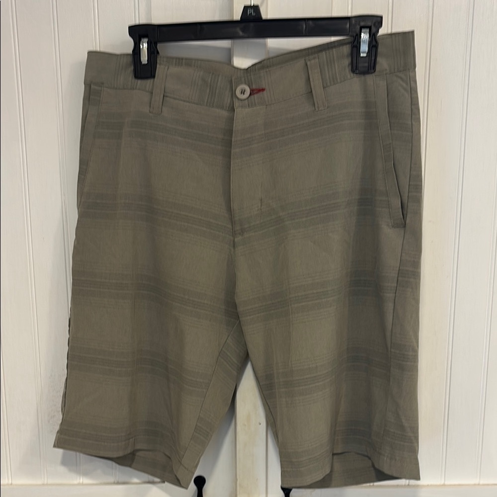 Ron Jon surf shop: flat front walking, green/gray khaki striped Shorts size 31